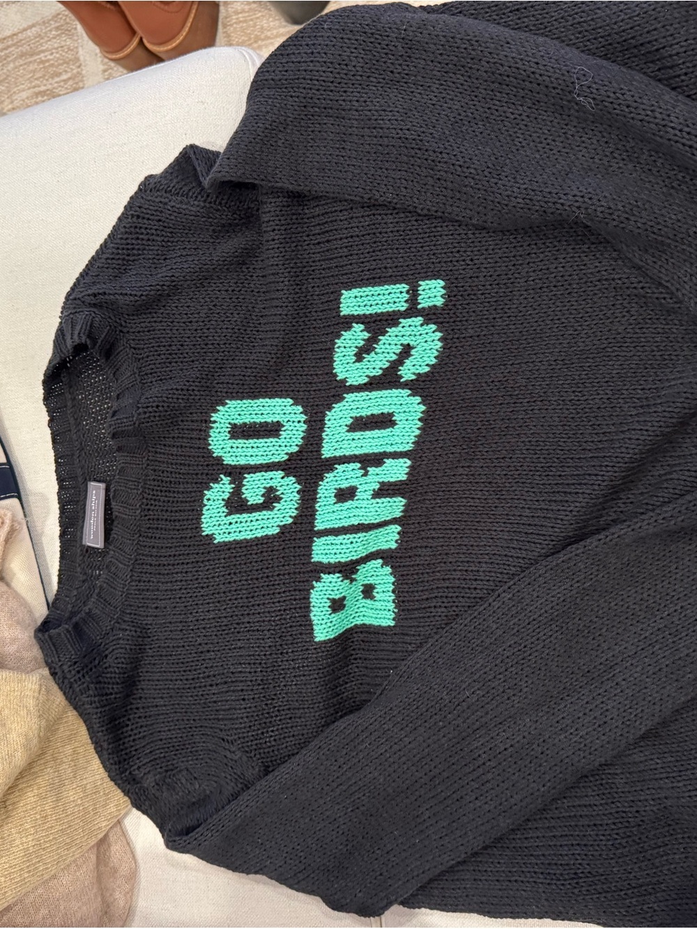 Wooden Ships Black Crewneck Sweater with Teal 'GO BIRDS!' Text